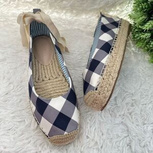 Draper James Blue Cream Gingham Check Plaid Espadrille Ballet Tie Flats 8